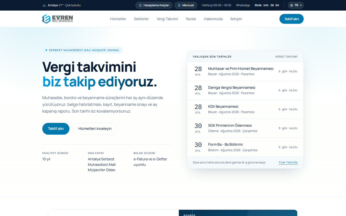 evrenmalimusavirlik.com ana sayfası: vergi takvimi ve yaklaşan son tarihler